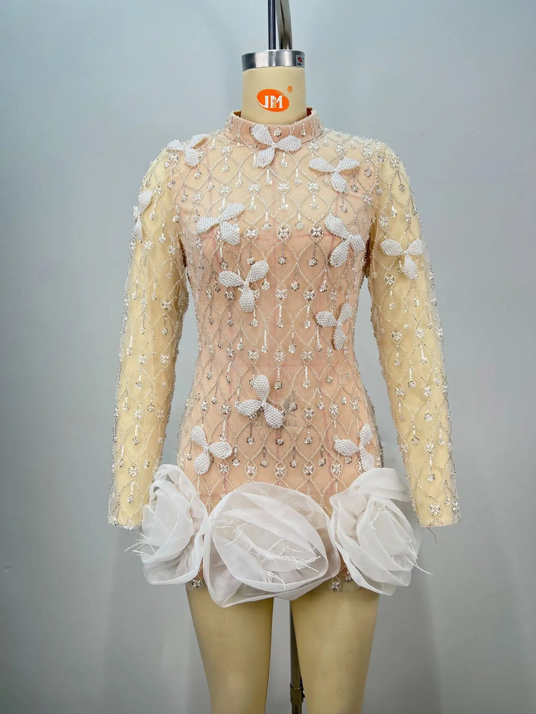 Luxury Exquisite Beading White Flowers Sexy See Through Mini Evening Dress Woman Birthday Party Dress Performances Costume