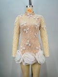 Luxury Exquisite Beading White Flowers Sexy See Through Mini Evening Dress Woman Birthday Party Dress Performances Costume