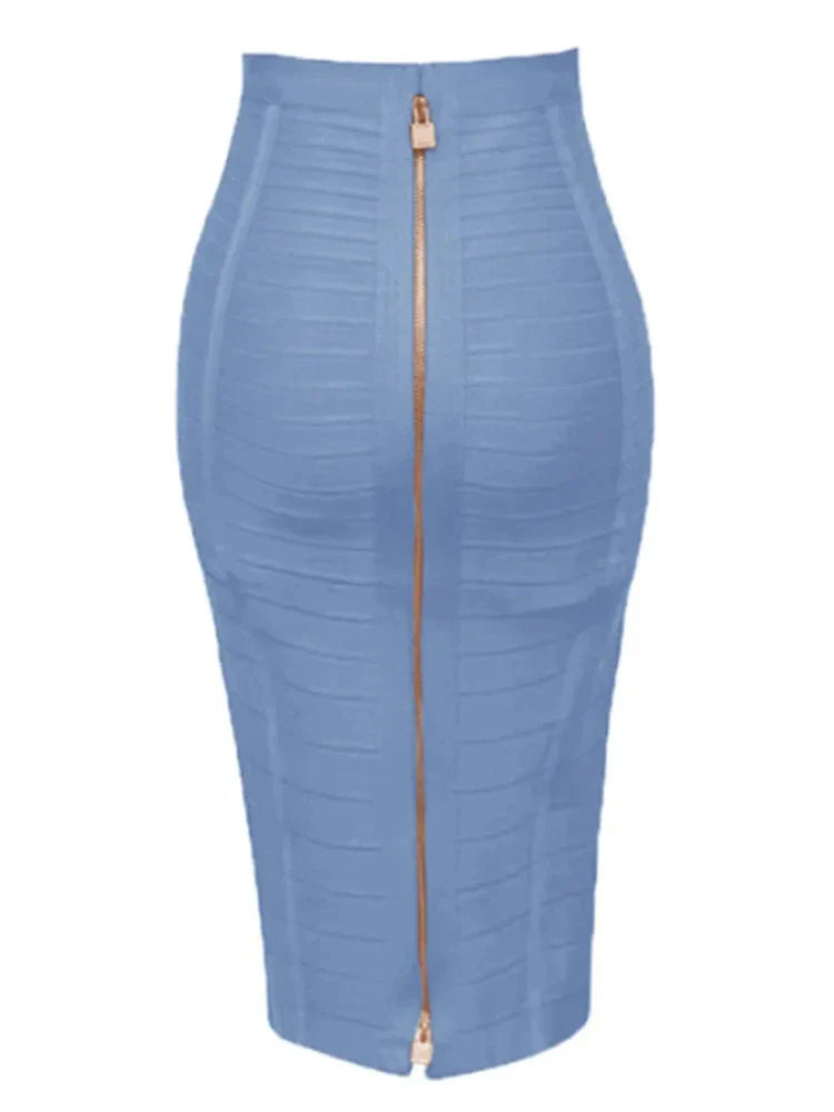 All Match Style 15 Colors Golden Zipper Package Hips Knee Length Bandage Skirt Fashion Office Lady Wear Woman Basics item Blue