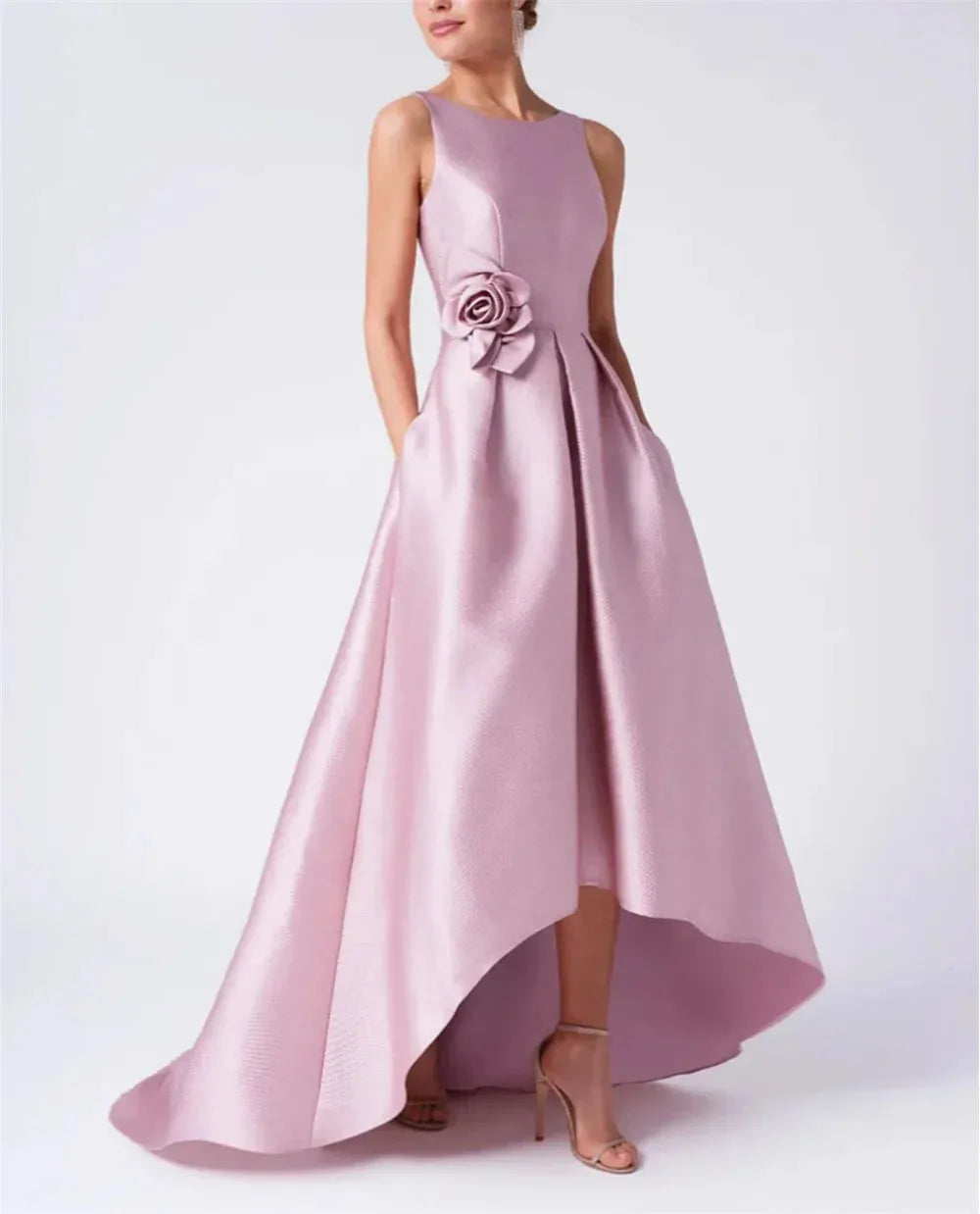 Pink Satin Prom Dresses Backless A-line High-low فساتين السهرة Elegant Sleeveless Floor-Length vestidos verano moda as pic