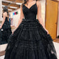 Black Organza Fabric A-line Prom Dress  Sleeveless Multilayer Strao vestidos de fiesta Spaghetti Strap  فساتين السهرة