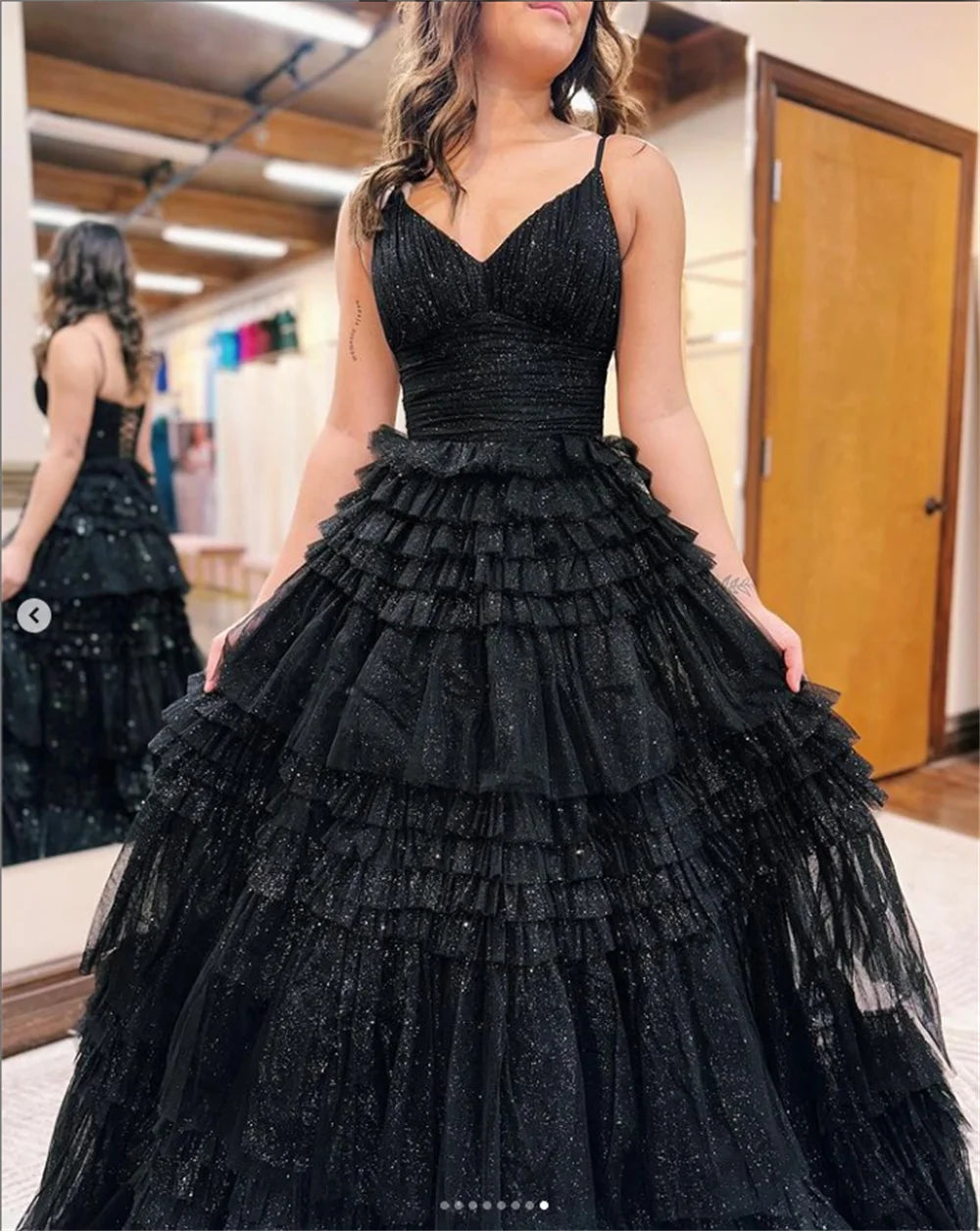 Vestido de fiesta de tela de Organza negro, corte en A, sin mangas, multicapa, Strao, vestidos de fiesta con tirantes finos, فساتين السهرة