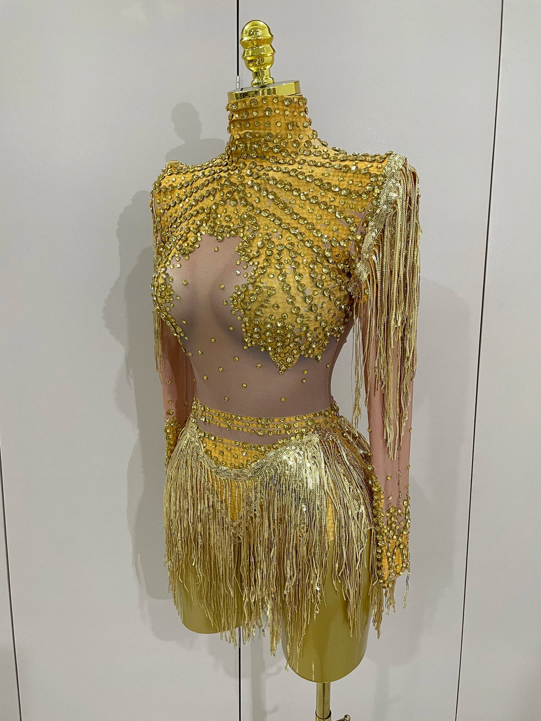 Sparkly Rhinestone Sequin Tassel Stretch Bodysuits Women Birthday Party Nightclub Dj Stage Performance Costume Gold