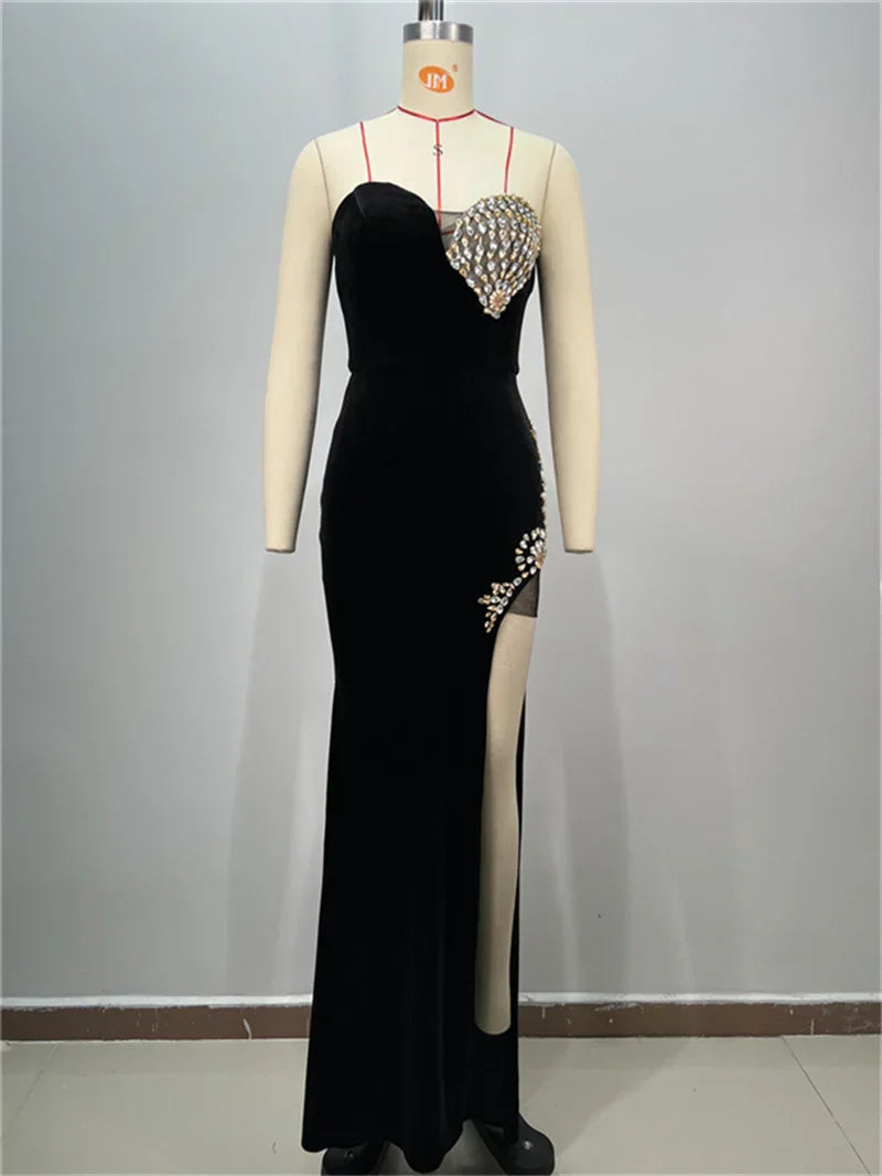 Luxury Shining Diamonds Sexy High Slit Stapless black velvet Long Dress Elegant Woman Birthday Party Dress Goddess Vestido