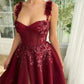 Burgundy Heart Shaped Neck Prom Dress Lace Tulle Fabric High Side Split Strao vestidos de fiesta Sleeveless فساتين السهرة