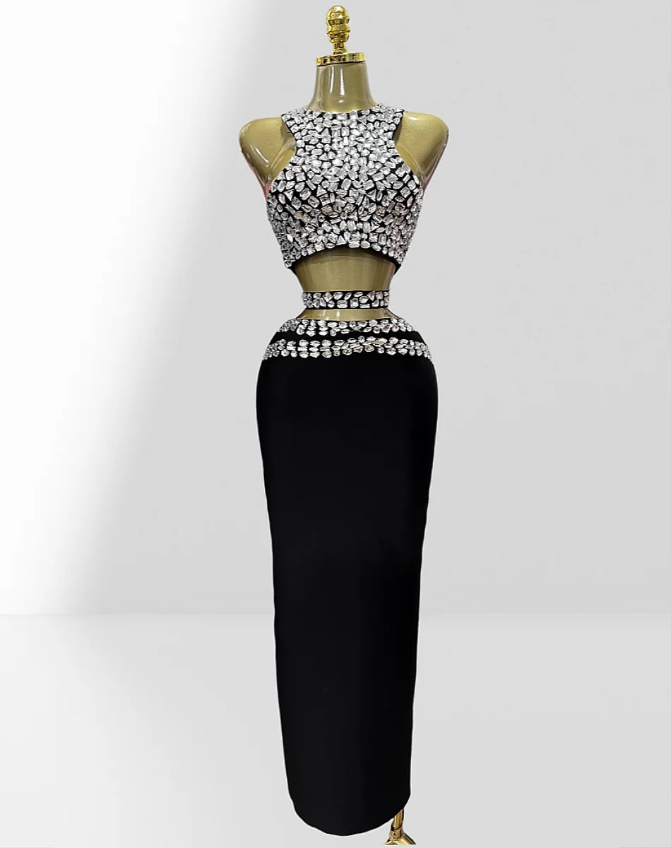 Stylish Expose Wasit Woman Set Sparkling Diamonds Short Tank Top And Bandage Skirt 2 Pieces Birthday Party Vestido