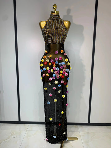 Luxury Rhinestones Flowers Sexy See Through Long Dress Elegant Evening Party Birthday Wedding Guest Dress Club Stage Outfit black