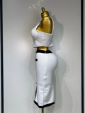 Women Button Patchwork White Black Bodycon Bandage Two Piece Set Designer High Waist Party Club Skirt Set