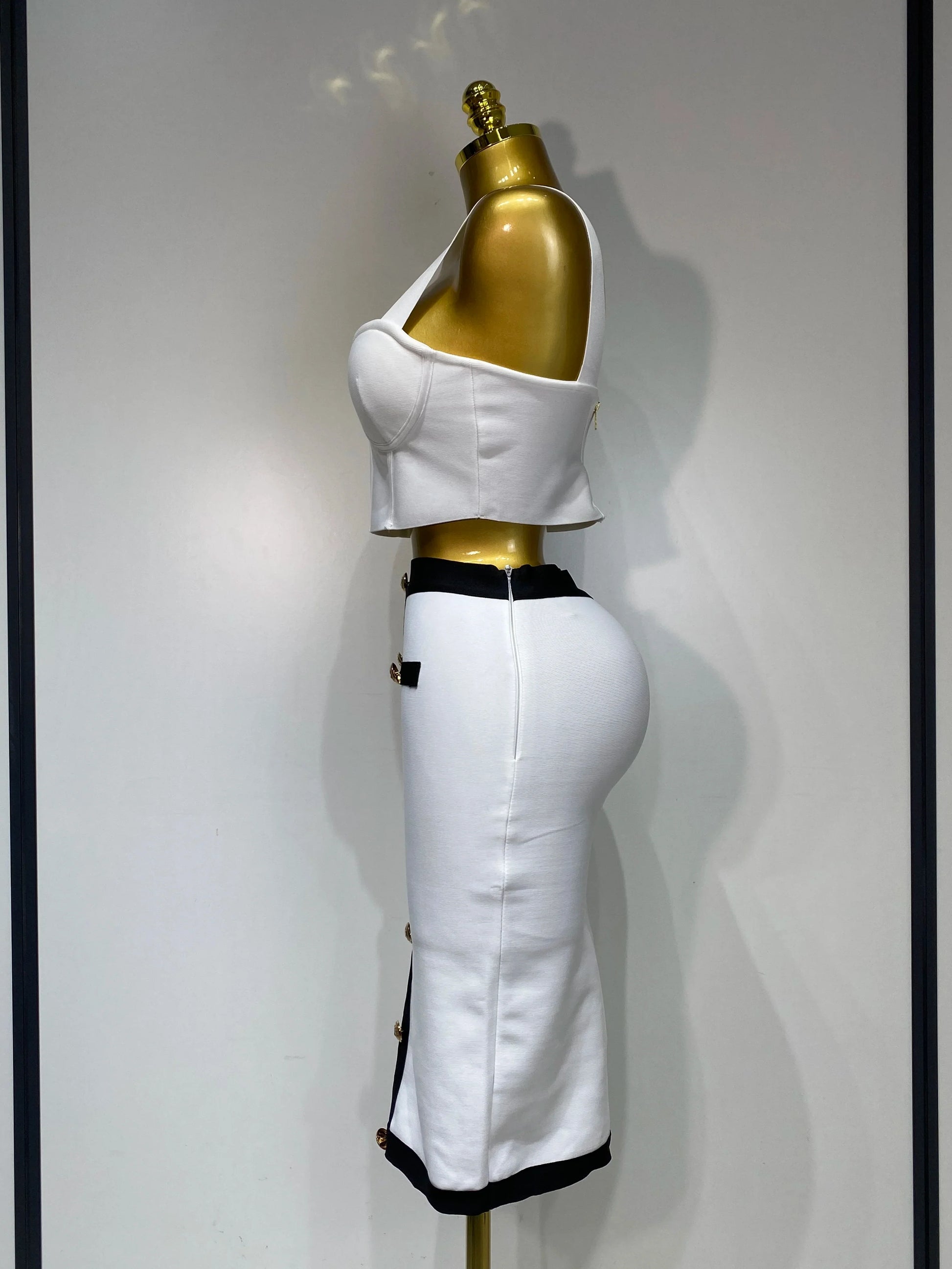 Women Button Patchwork White Black Bodycon Bandage Two Piece Set Designer High Waist Party Club Skirt Set