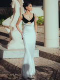 Women Cut-out Long Dress Temperament Contrast Color Combo V Neck Suspender Backless Slit Slim Mermaid Party Evening Gowns