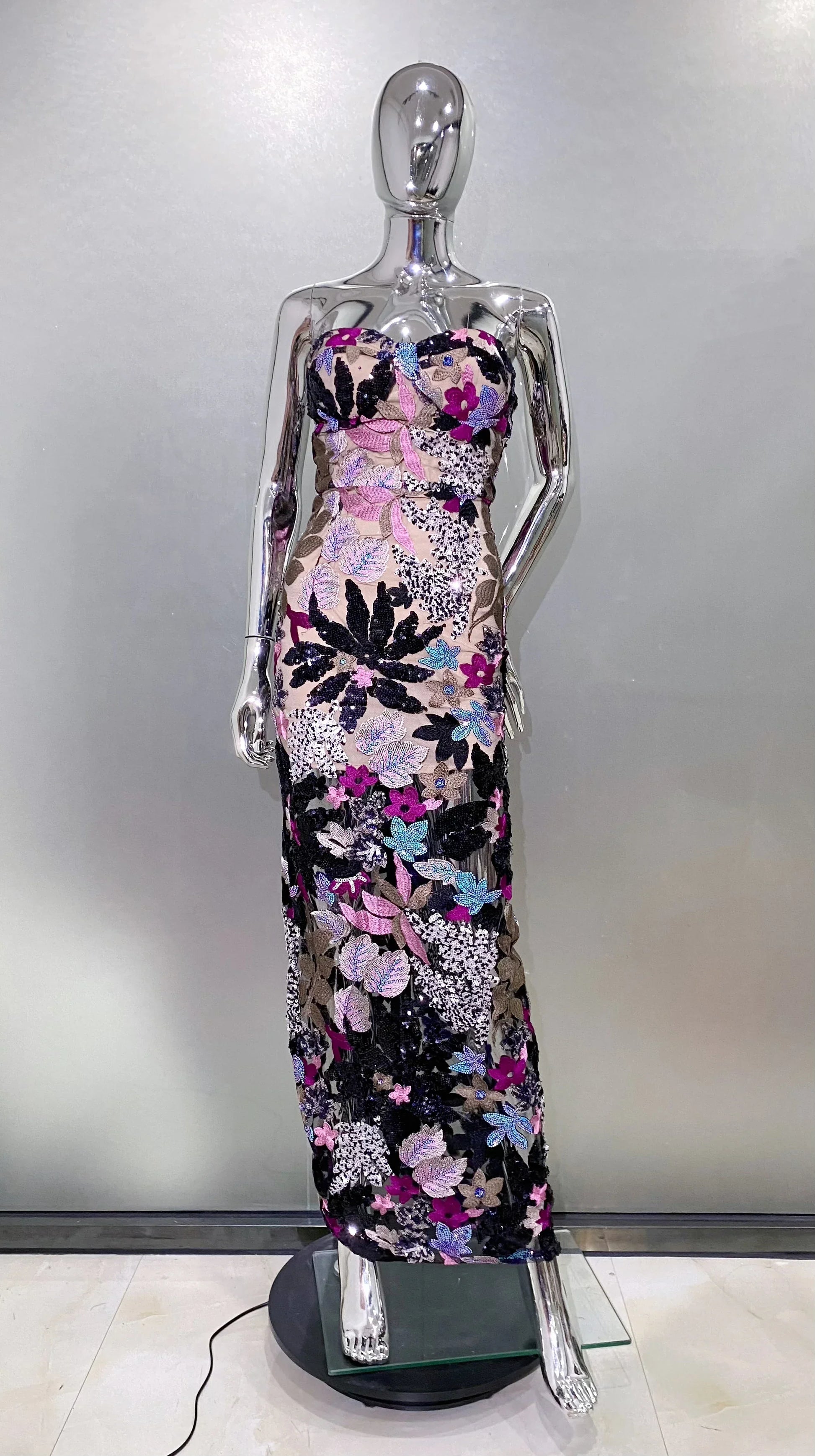 Sequin Flowers Embroidery Sexy Mesh See Through Strapless Ankle Length Dress Elegant Woman Evening Dress Celebrity Party Outfit PURPLE