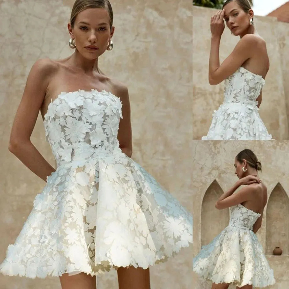 Beach Sleeveless Mini Length Short Wedding Party Dress Strapless Lace Appliques A Line Simple Bridal Gown Robe De Mariee Ivory Short Wedding Dress