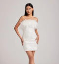 Luxury Feather Sequins Beading White Strapless Mini Dress Celebrity Birthday Party Evening Dress Wedding Party outfit WHITE