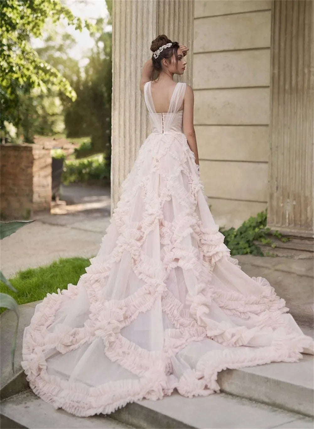 Pink Long Train A-line Prom Dress Tulle Straps Pearls Beaded فساتين السهرة Elegant Sleeveless tidos de noche