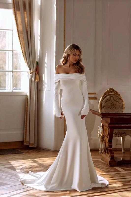 Elegant Off The Shoulder Long Sleeves Mermaid Wedding Dresses Side Slit Custom Made 2024 Vestido De Noival