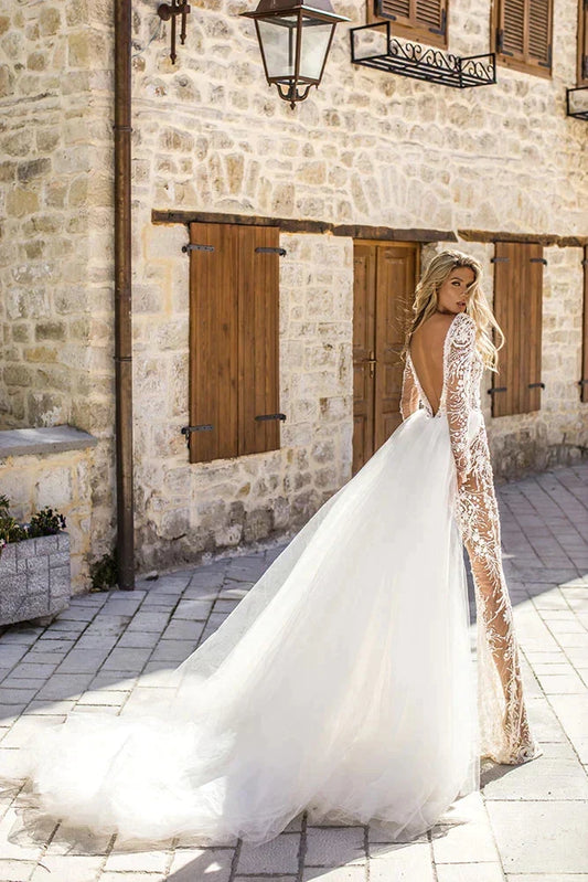 Abiti da sposa in pizzo abiti da sposa a maniche lunghe tulle boho abito da sposa salto da sposa vestidos de nolia