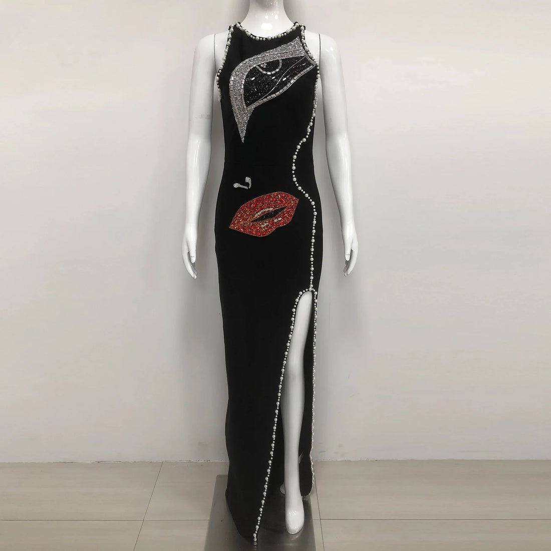 Women Sleeveless Sexy Shinning Rhinestones Bodycon Long Bandage Dress Celebrate Evening Party Birthday Fashion Wear black