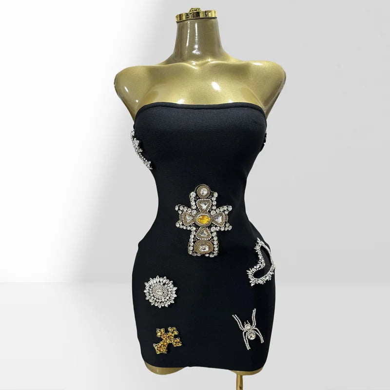 Summer Luxury Diamonds Cross Strapless Sheath Black Bandage Mini Dress Fashion Woman Party Dress Music Festival Outfit black