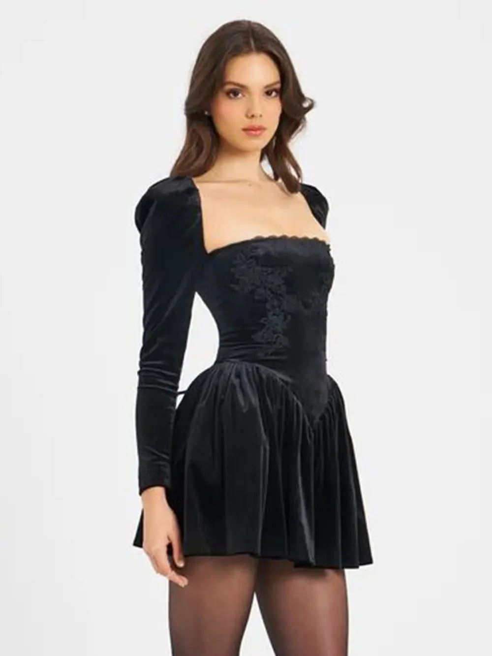Sexy Women's Christmas Dress Lace Square Collar Bubble Long Sleeve Slimming Bareback Drawstring pleated Mini Dress Vestidos