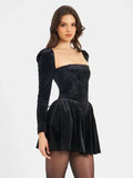 Sexy Women's Christmas Dress Lace Square Collar Bubble Long Sleeve Slimming Bareback Drawstring pleated Mini Dress Vestidos