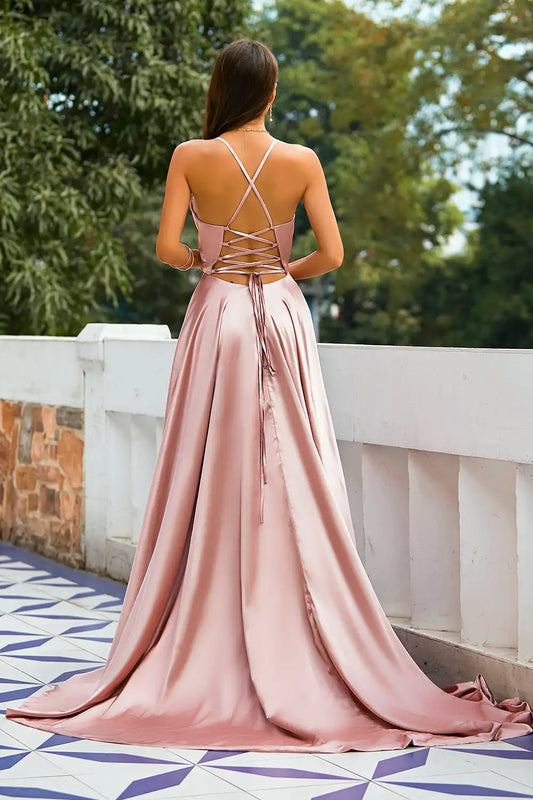 Pink Evening Dresses Elastic Satin Front Slit Deep V Neck Sexry Long A Line Spaghetti Strap Formal Party Prom Gowns