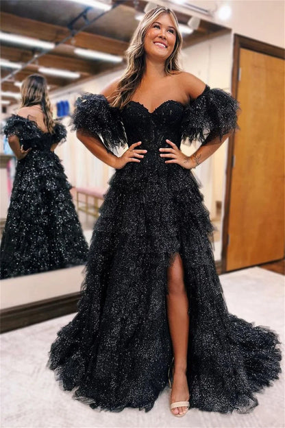 Black Multilayer Hemline Tulle Prom Dress Puffy Detachable Sleeves Vestidos De Novia Sexy Side High Split robes de soirée