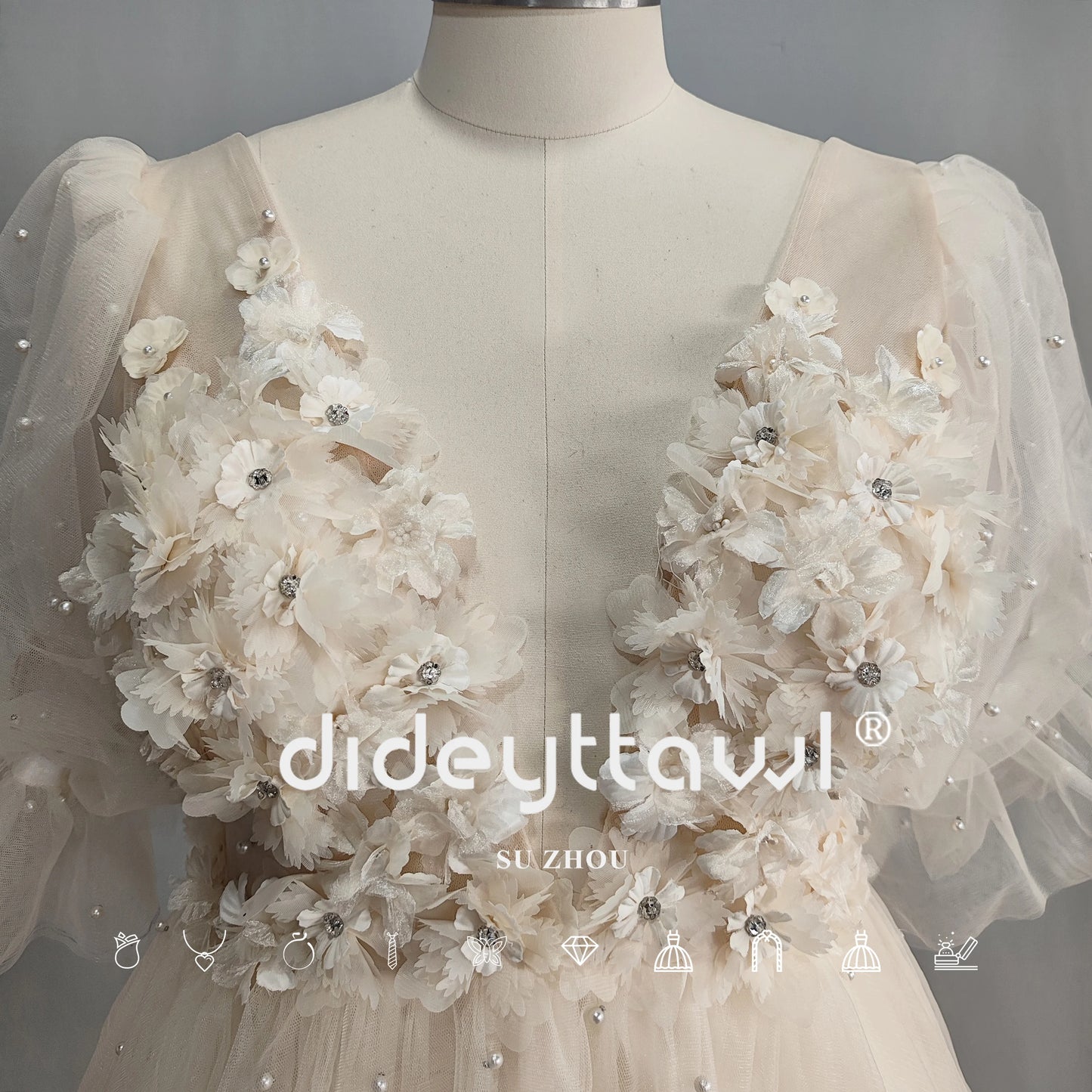 DIDEYTTAWL Foto Real 3D flores mangas abullonadas vestido de novia corto perlas cuello en V profundo espalda descubierta tul Mini vestido de novia