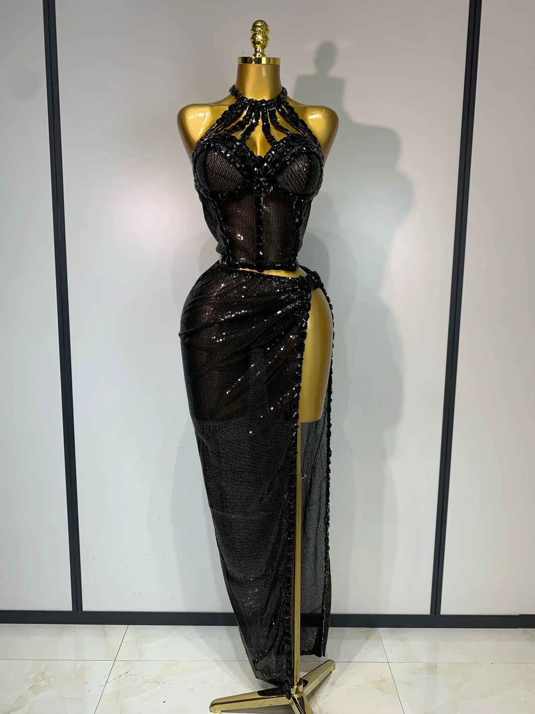 Sexy Shiny Diamond Two Piece Set Women Evening Celebrate Festival Luxury Birthday Party Nightclub Singer Stage costume black