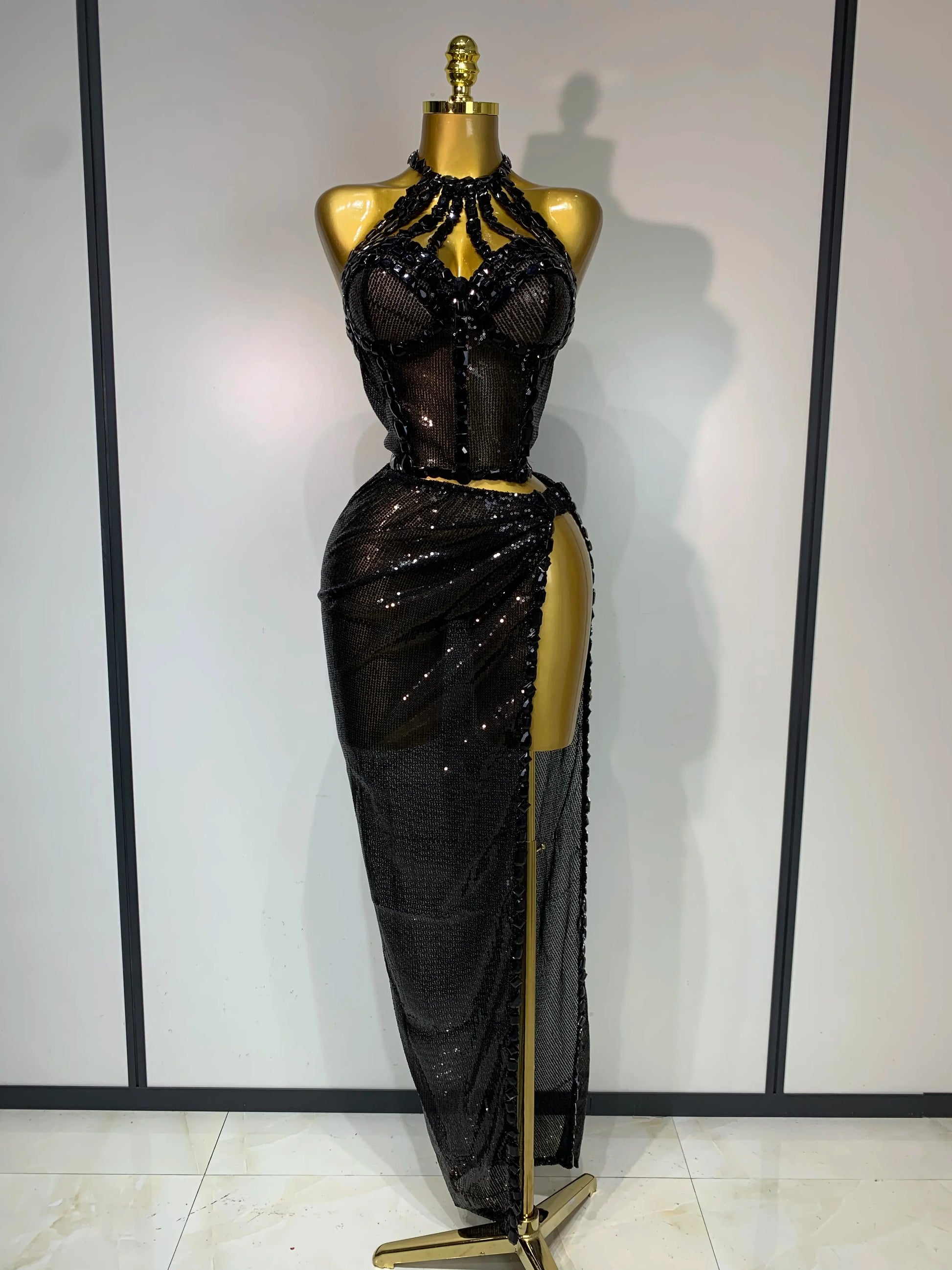 Women Sparkly Gold Rhinestones Top Long Skirt Two Pieces Set Singer Dancer Performance Costume Nightclub Luxury Birthday Dress black