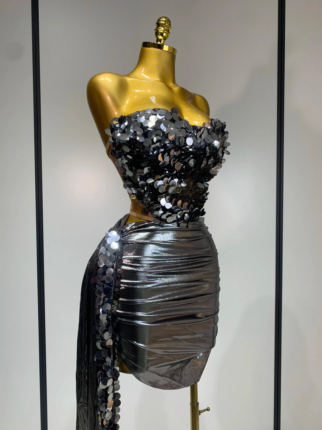 Sparkly Sequin Two Piece Set Sexy Strapless Backless Women's Outfit Evening Party Nightclub Stage Performance Dance Costume GRAY