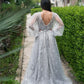 Lace Appliques Prom Dresses V-neck Tulle فساتين السهرة Elegant Long Puffy Sleeves Floor-Length vestidos verano moda