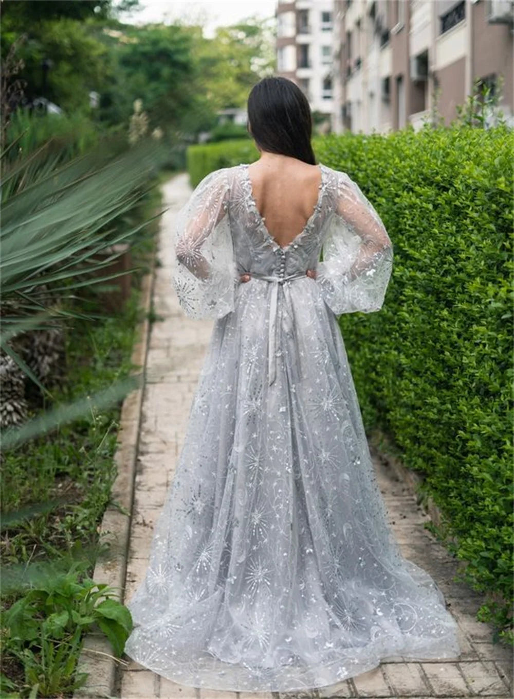 Lace Appliques Prom Dresses V-neck Tulle فساتين السهرة Elegant Long Puffy Sleeves Floor-Length vestidos verano moda