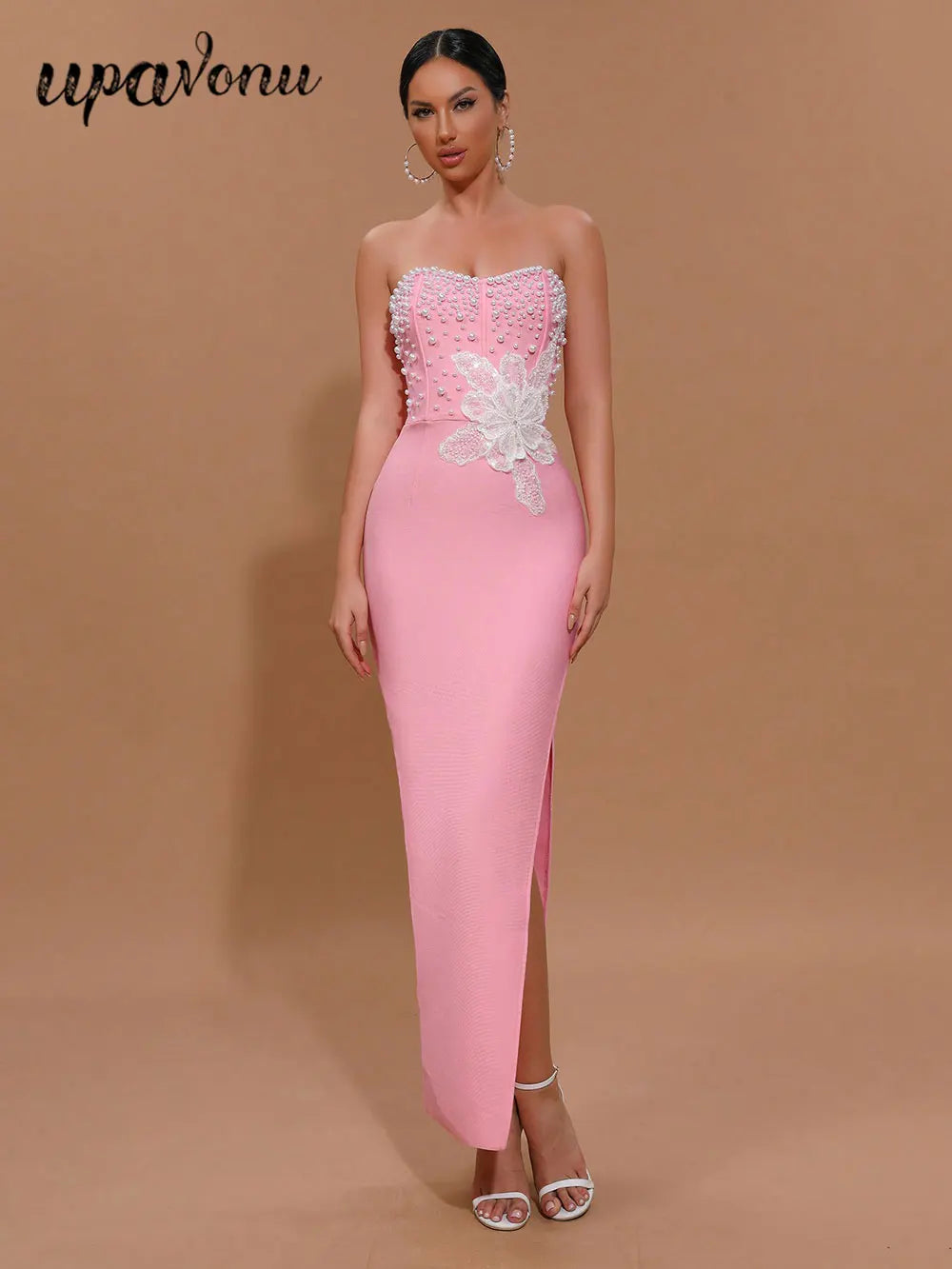 Spring Sexy Women's 3D Flower Pearl Bandage Dress Strapless Sleeveless Bodycon Backless Long Dress Club Party Vestidos