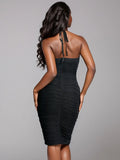 Sexy Women'S Black Chiffon Dress Hanging Neck Style Sleeveless Three-Dimensional Flower Design Bodycon Backless Mini Dress