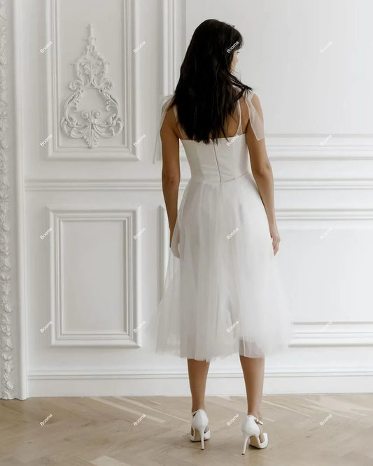 Pakaian Pesta Perkahwinan A-Line Midi Untuk Tali Bow Wanita Gaun Prom Sweetheart untuk Pengantin Pakaian Teh-panjang Pakaian Petang