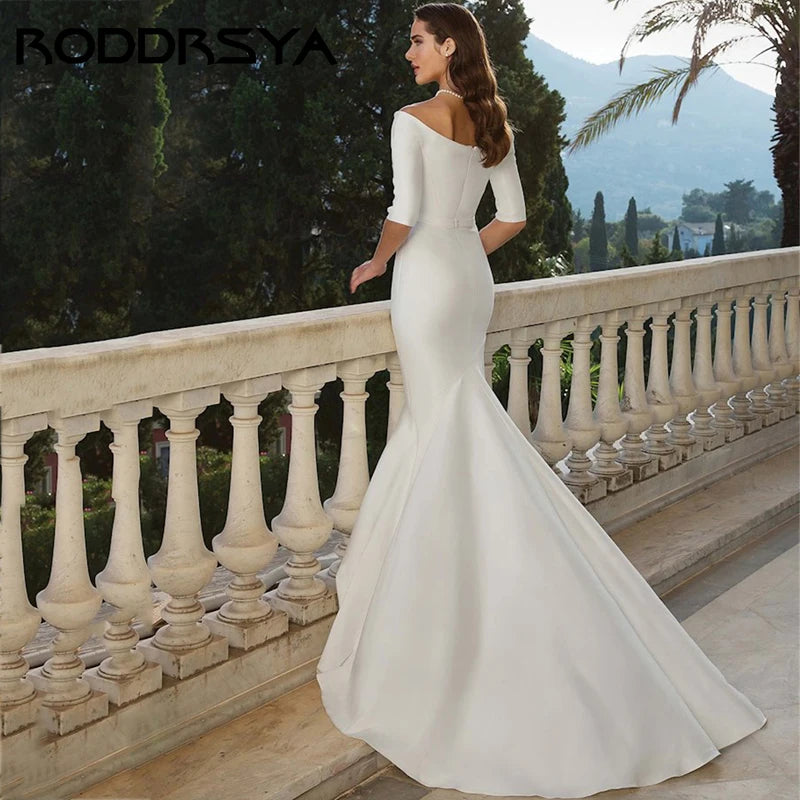 RODDRSYA – robe de mariée sirène en Satin Simple, manches mi-longues, élégante, col en v, épaules dénudées, trouwjurk rétro, fermeture éclair au dos, fête de mariée