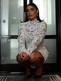 White Turtleneck Lace Floral Mini Dress For Women Long Sleeves Slim Bodycon Elegant Evening Party Cocktail Wear