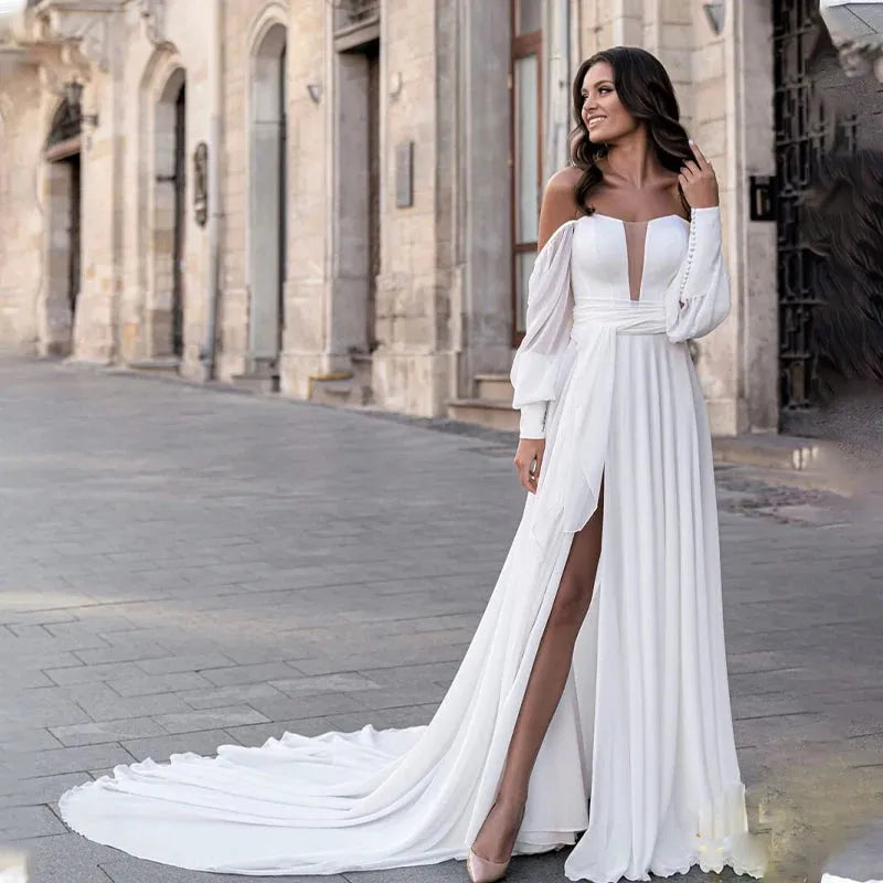 Beach Long Puff Sleeves V-neck Chiffon Wedding Dresses Side Slit Sweep Train 26w