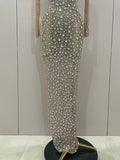 Sparkly Silver Big Rhinestone Sexy Transparent Long Dress Women Evening Birthday Party Celebrate Club Dancer Stage Costume