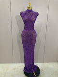 Sexy Sparkly Crystal Diamonds Mesh See Through Long Dress Women Elegant Party Costume Singer Stage Performance Outfit PURPLE