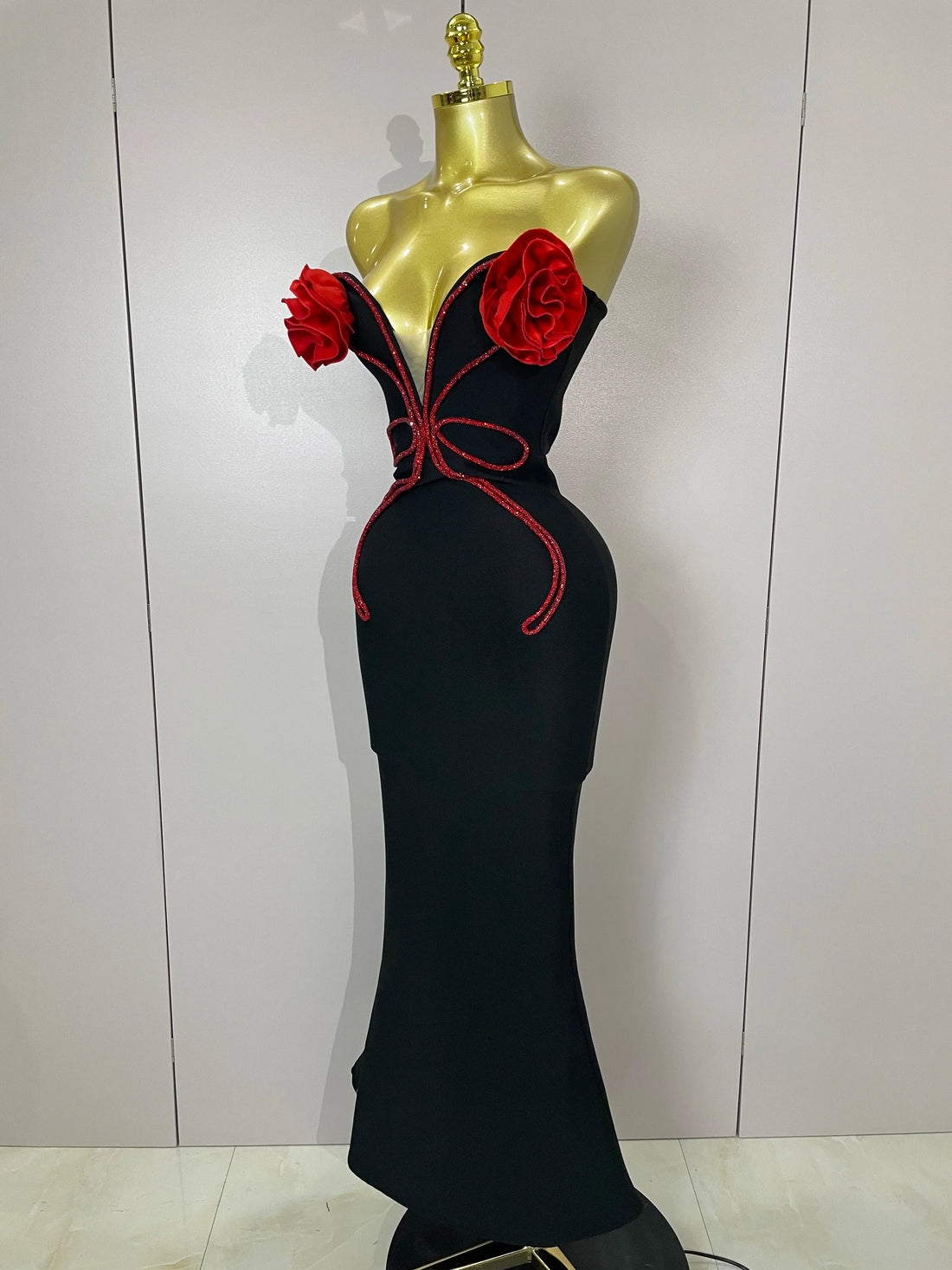 black Off Shoulder Red Flower Bandage Long Dress Women Elegant Fshion Celebrity Party Dress black