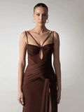 Chocolate Brown Strappy Sleeveless Draped Dress with High Slit & Cutout Detail for Formal Dinner Party Gown