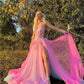 Pink Lace Appliques Tulle Prom Dresses Strapless A-line vestidos de noche Elegant Sleeveless Side Split Formal Evening