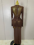 Women Elegant Brown Mesh Fold Long Sleeve Bodycon Dress Evening Party Club Sexy Perspective Fashion Luxury Birthday Dresses