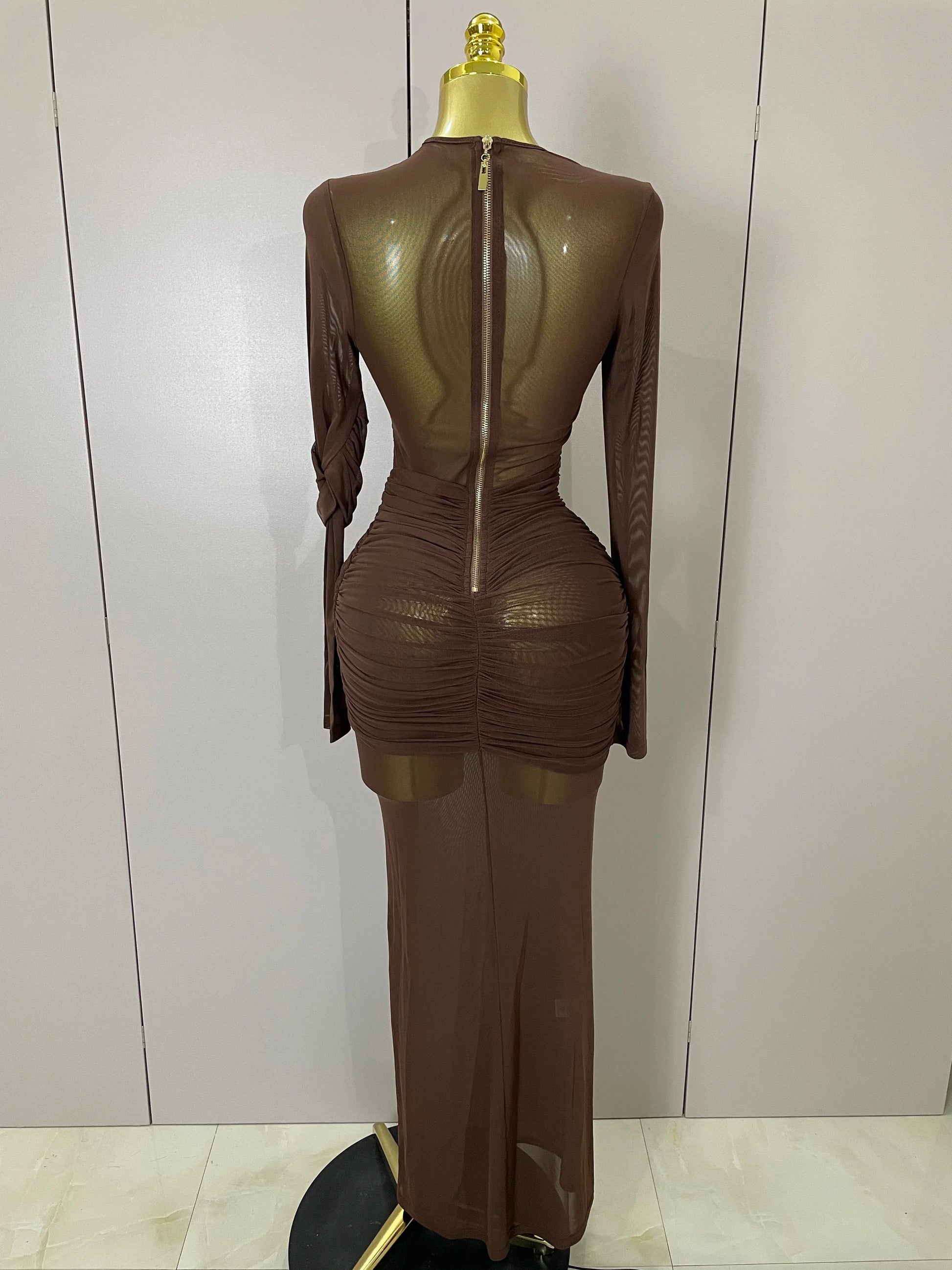 Women Elegant Brown Mesh Fold Long Sleeve Bodycon Dress Evening Party Club Sexy Perspective Fashion Luxury Birthday Dresses