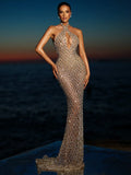 Beige Halter Mermaid Long Dress Key Hole Backless Sequins Sleeveless Celebrity Maxi Evening Party Gowns Vestidos