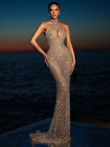 Beige Halter Mermaid Long Dress Key Hole Backless Sequins Sleeveless Celebrity Maxi Evening Party Gowns Vestidos
