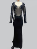 Autumn Women's Light Luxury Diamond Mesh Patchwork Bandage Dress Long Sleeve Bodycon Tail Dresses Evening Party Vestidos black
