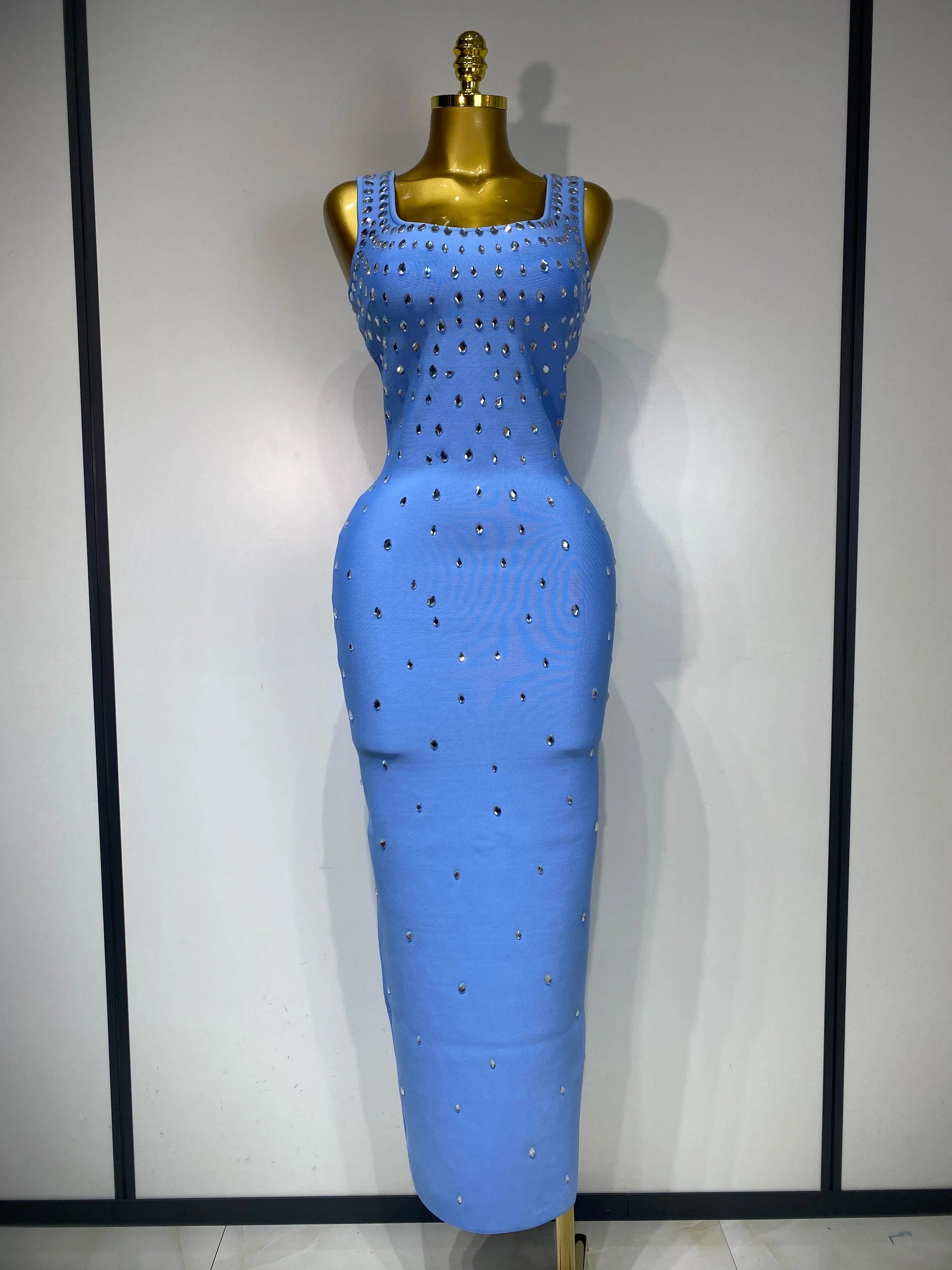 Women Sparkly Rhinestone Bandage Long Dress Elastic Sleeveless Bodycon High Street Evening Club Party Elegant Birthday Gowns SKY BLUE