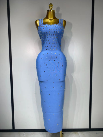 Women Sparkly Rhinestone Bandage Long Dress Elastic Sleeveless Bodycon High Street Evening Club Party Elegant Birthday Gowns SKY BLUE